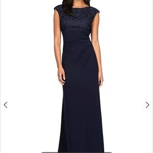 Alex Evenings Elegant Navy Lace Maxi Dress